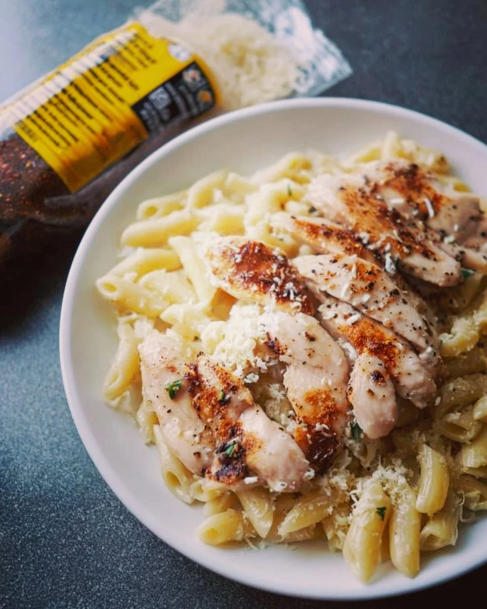 Delicious Garlic Parmesan Chicken Pasta served in a bowl with herbs and cheese