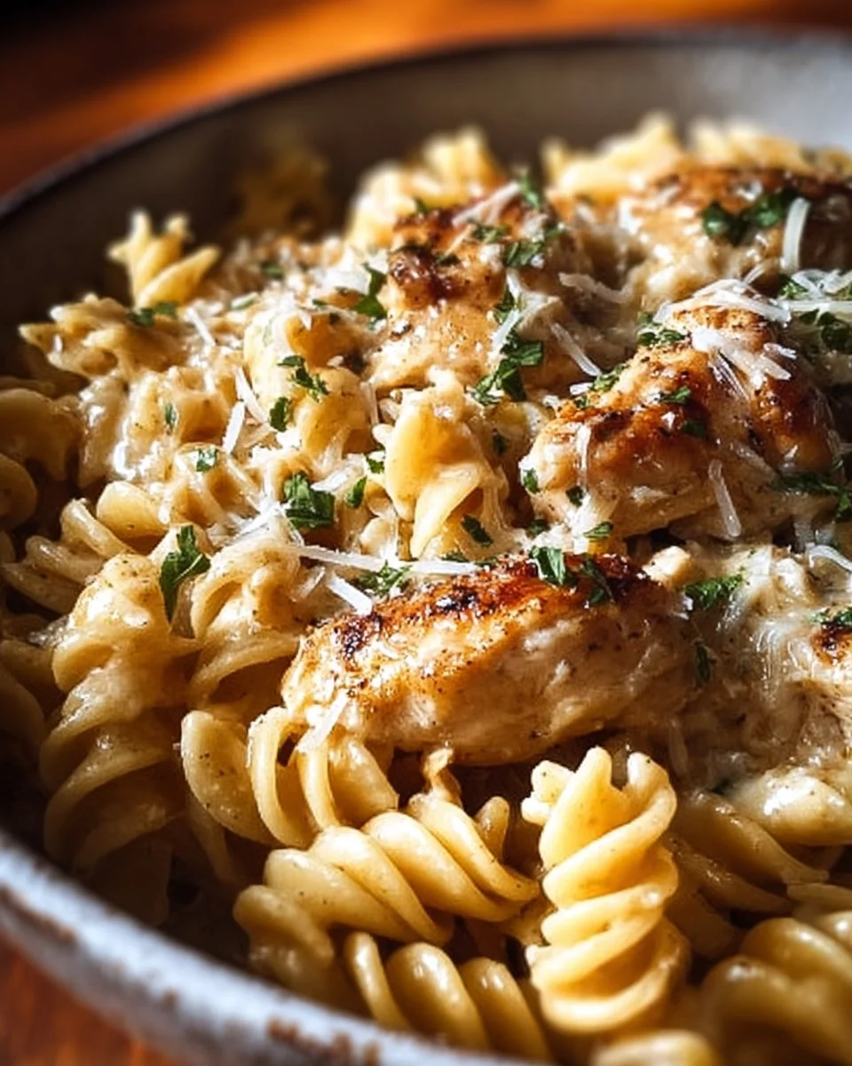 Easy Crockpot Garlic Parmesan Chicken Pasta