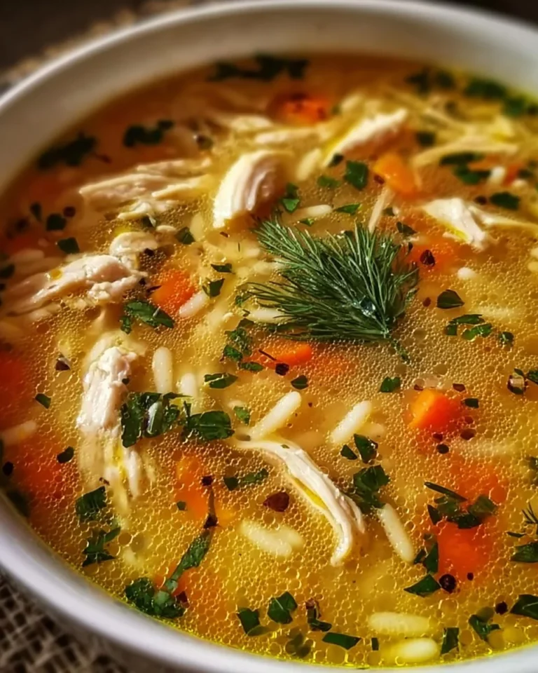 Bowl of Greek Lemon Chicken Soup with fresh herbs and lemon slices