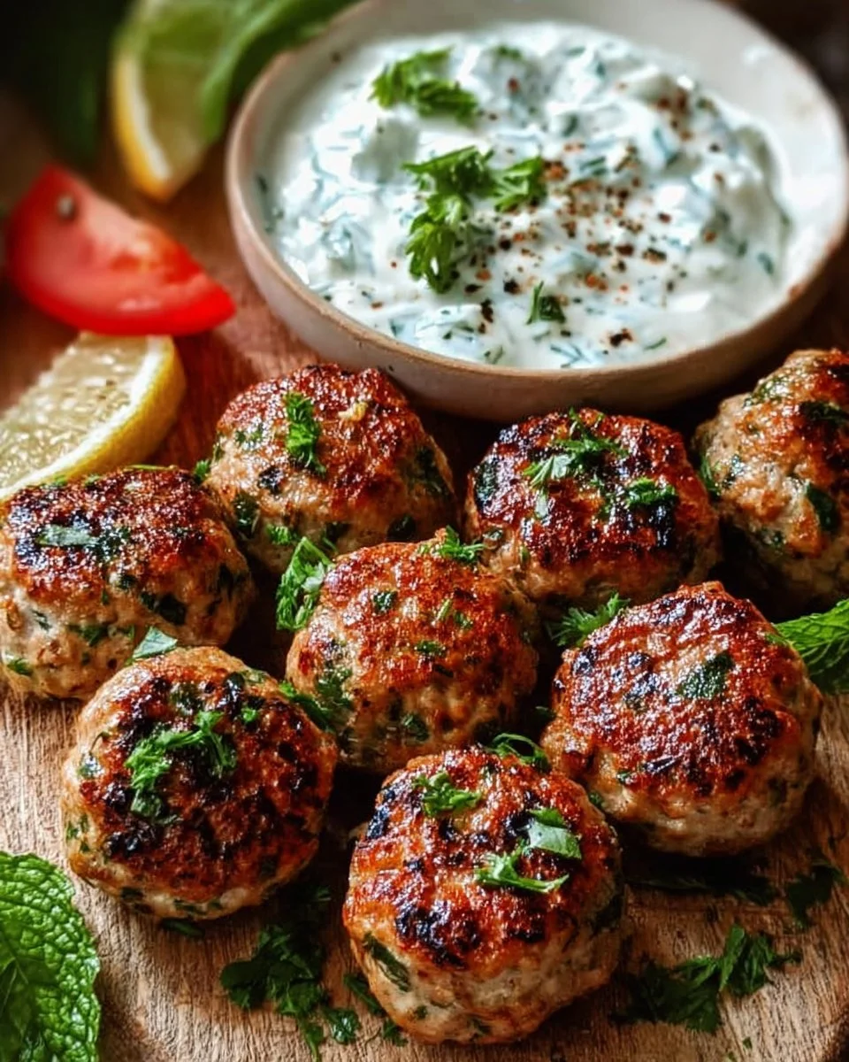 Greek Turkey Meatballs served with tzatziki sauce on a plate