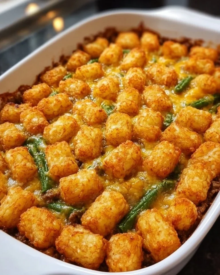Green Bean Tater Tot Casserole ready to serve, quick meal for busy nights