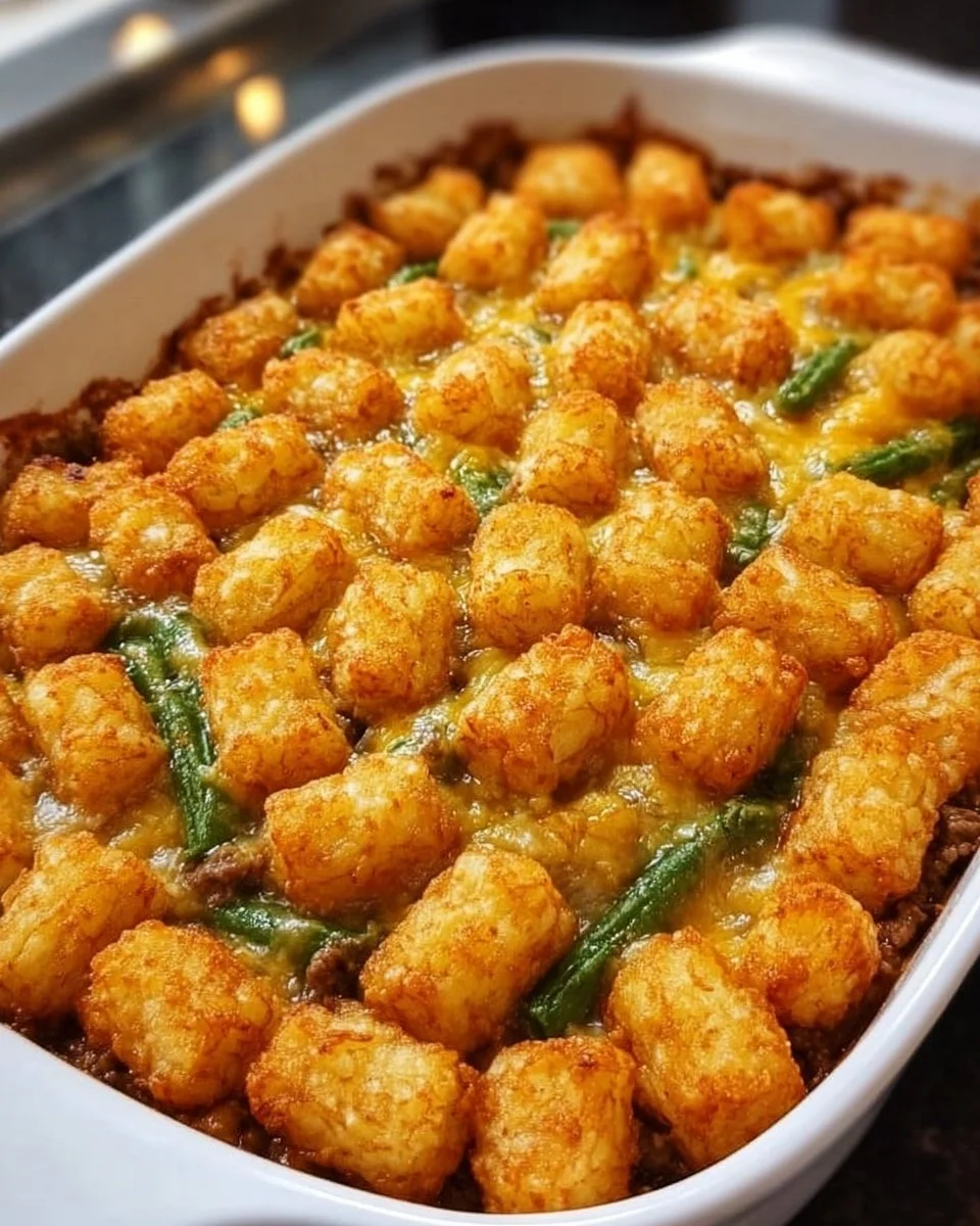 Green Bean Tater Tot Casserole ready to serve, quick meal for busy nights