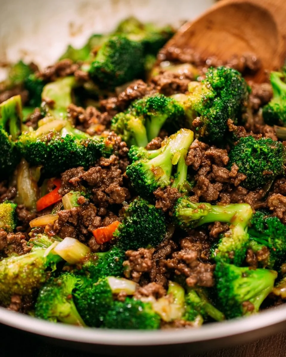 Plate of ground beef and broccoli stir-fry with vegetables