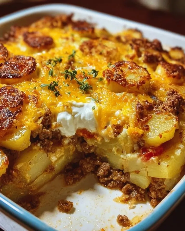 Ground beef and potatoes casserole in a baking dish