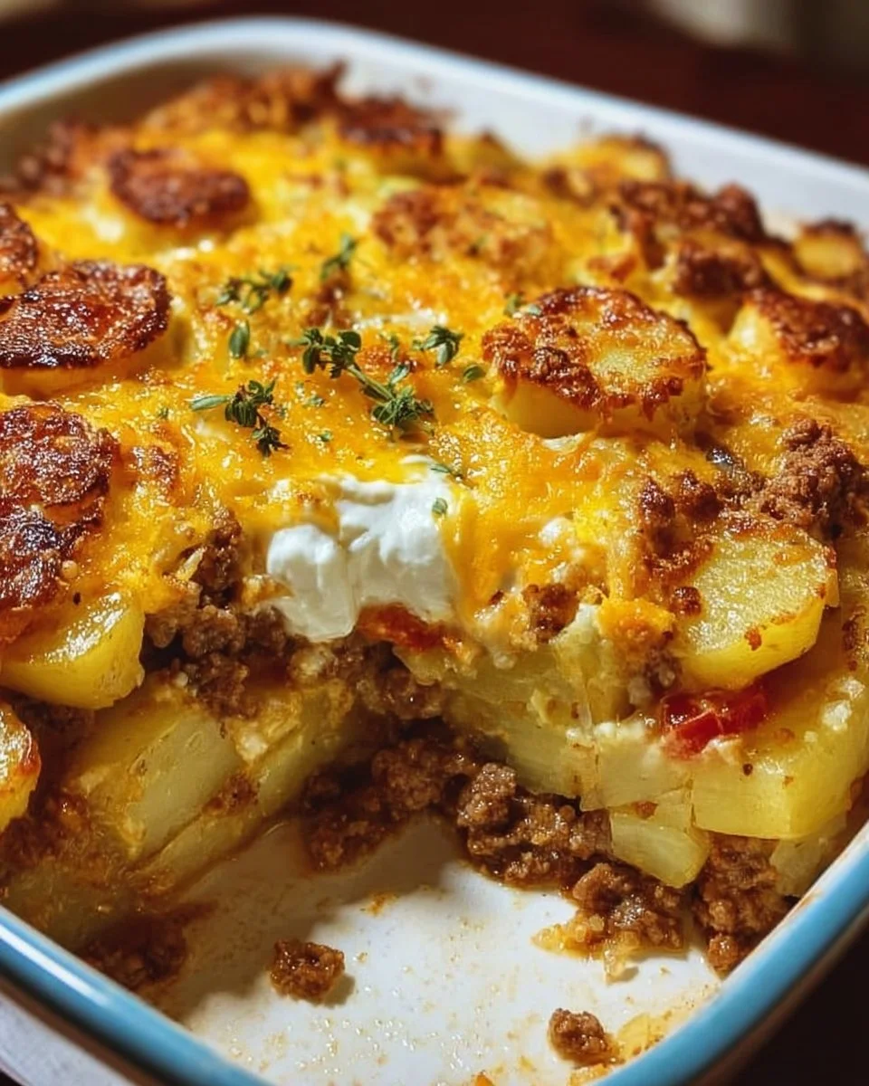 Ground beef and potatoes casserole in a baking dish
