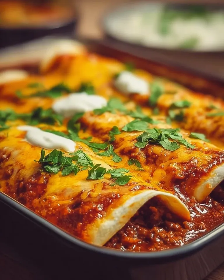 Ground Beef Enchiladas topped with cheese and fresh ingredients