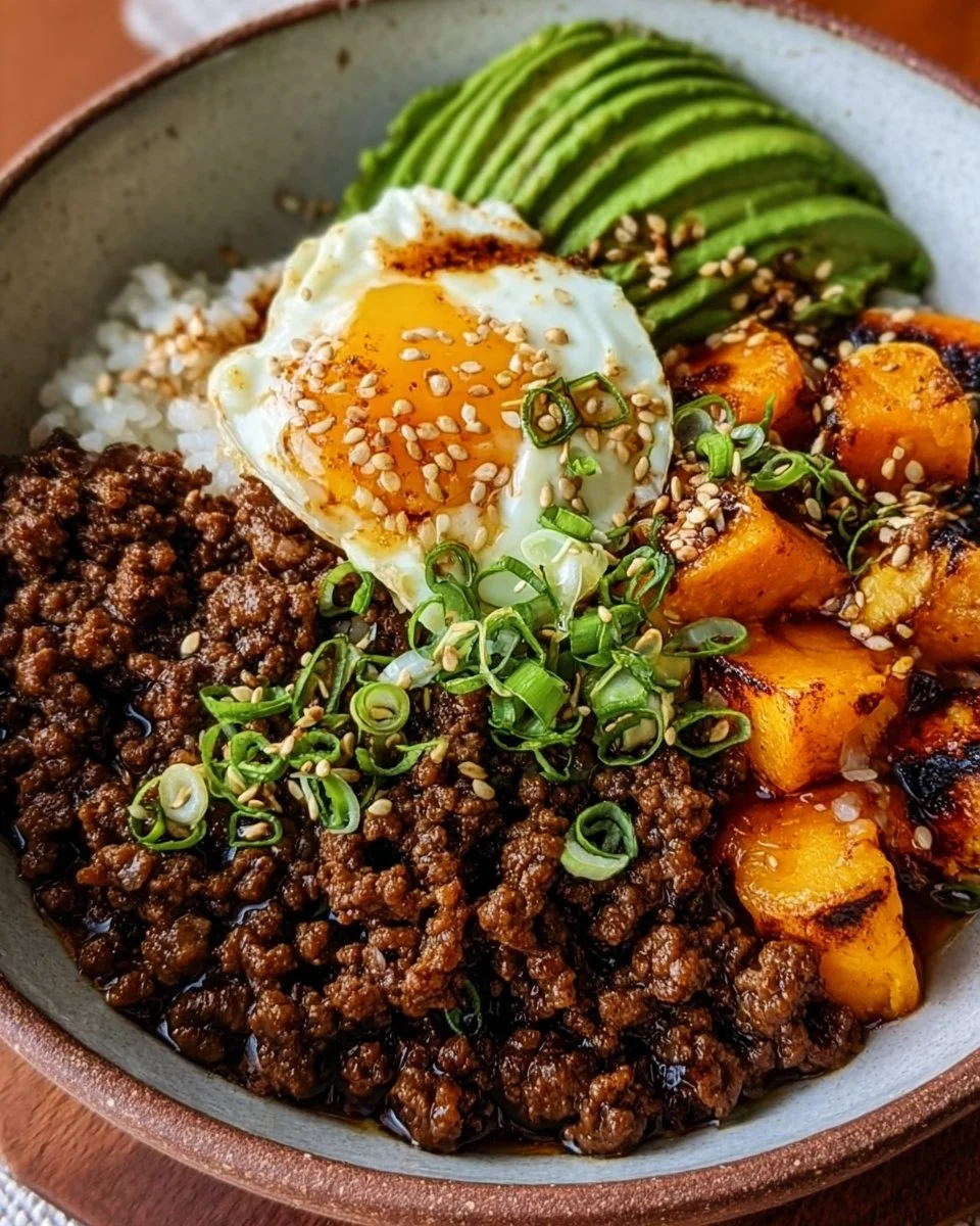 Ground Beef Hot Honey Bowl topped with fresh ingredients and honey drizzle