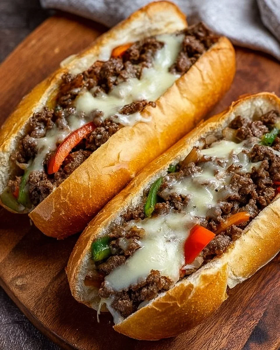 Delicious Ground Beef Philly Cheesesteaks on a rustic wooden plate