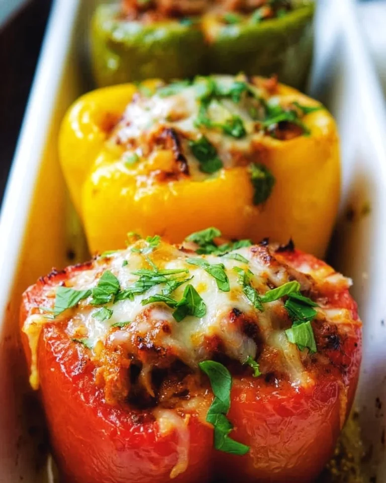 Ground chicken stuffed peppers topped with herbs ready to serve