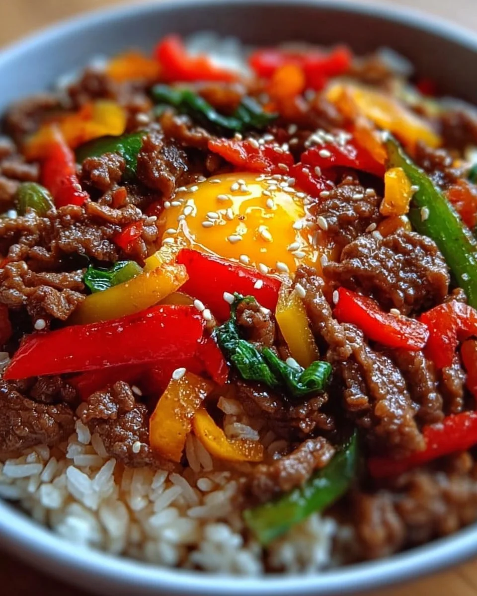 Healthy beef and pepper rice bowl with colorful vegetables and rice