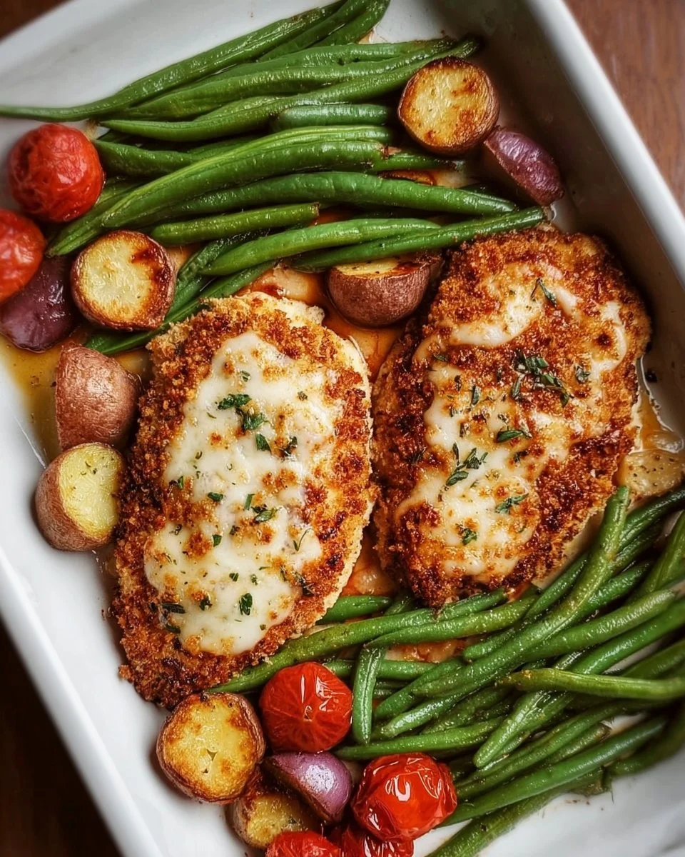 A plate of healthy chicken parmesan with colorful vegetables