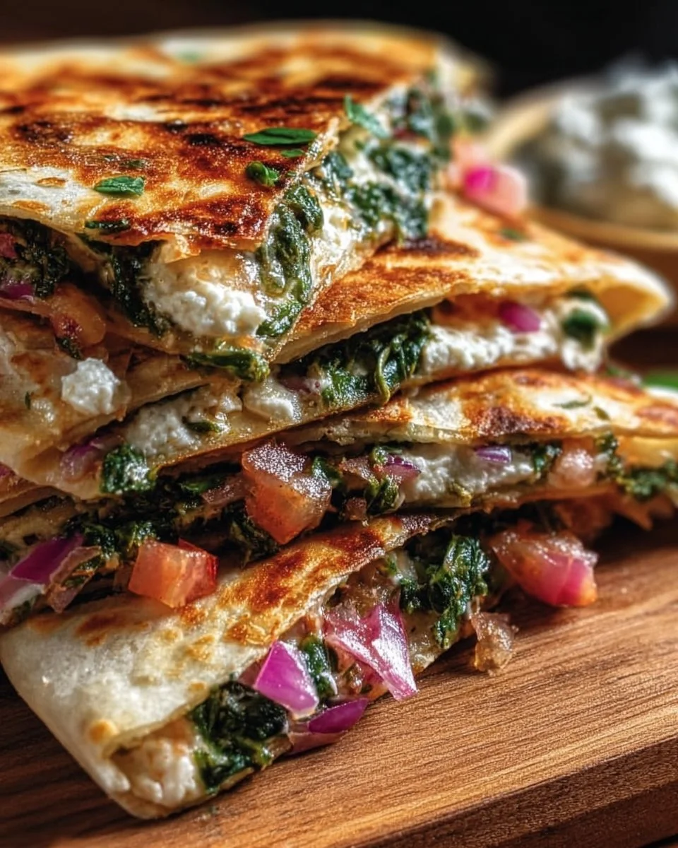 Mediterranean Quesadillas with Spinach, Feta, Mozzarella, and Red Onion