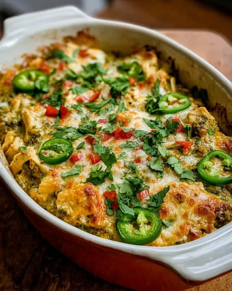 Healthy Salsa Verde Chicken Casserole topped with fresh cilantro and cheese