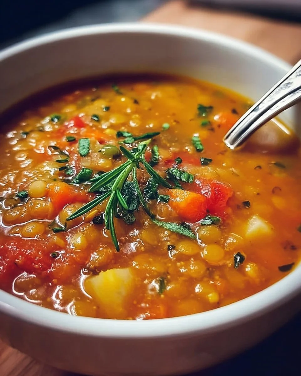 Bowl of hearty lentil vegetable soup with fresh vegetables and herbs