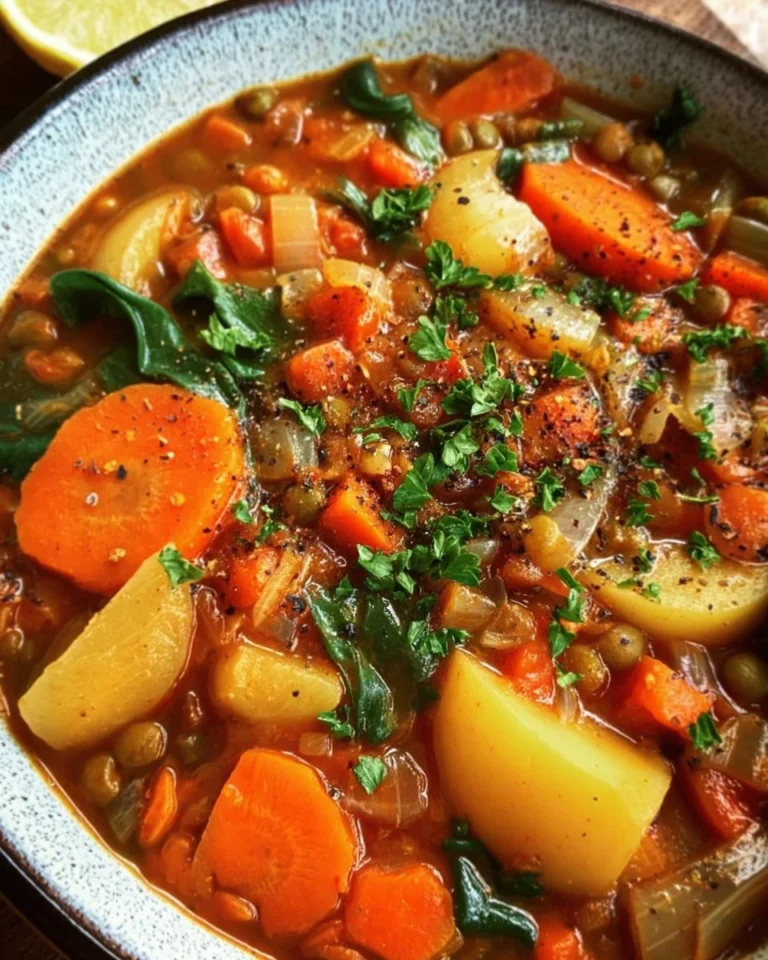 A bowl of hearty vegan stew filled with fresh vegetables and spices