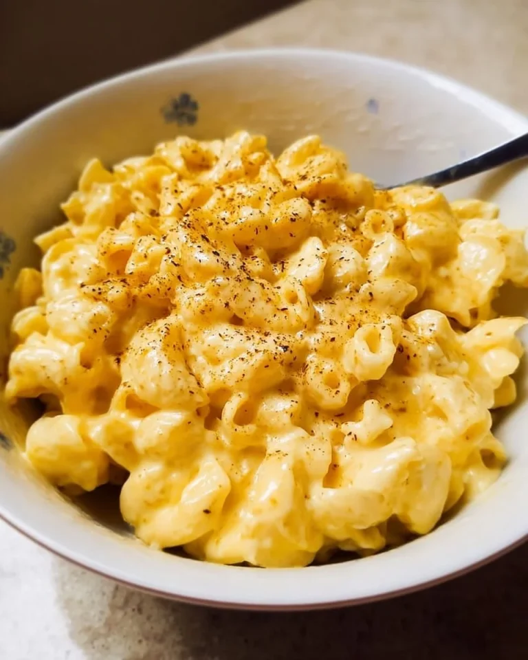 High protein cottage cheese mac and cheese dish served in a bowl.
