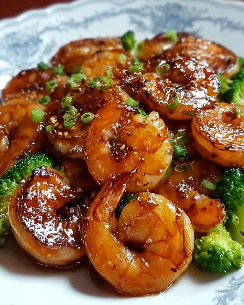 High-protein honey garlic shrimp dish garnished with green onions.