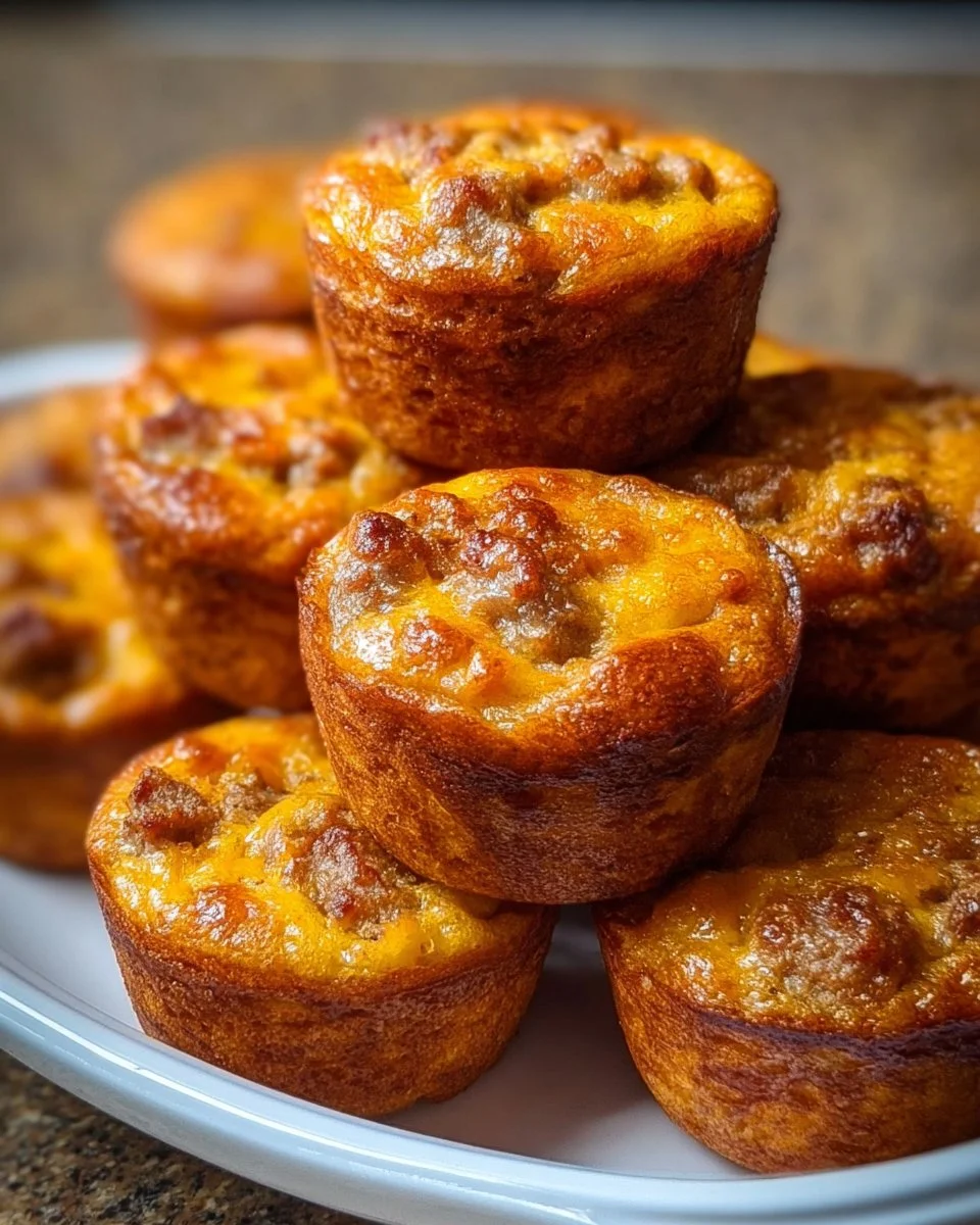 High-protein pancake sausage mini muffins displayed on a plate