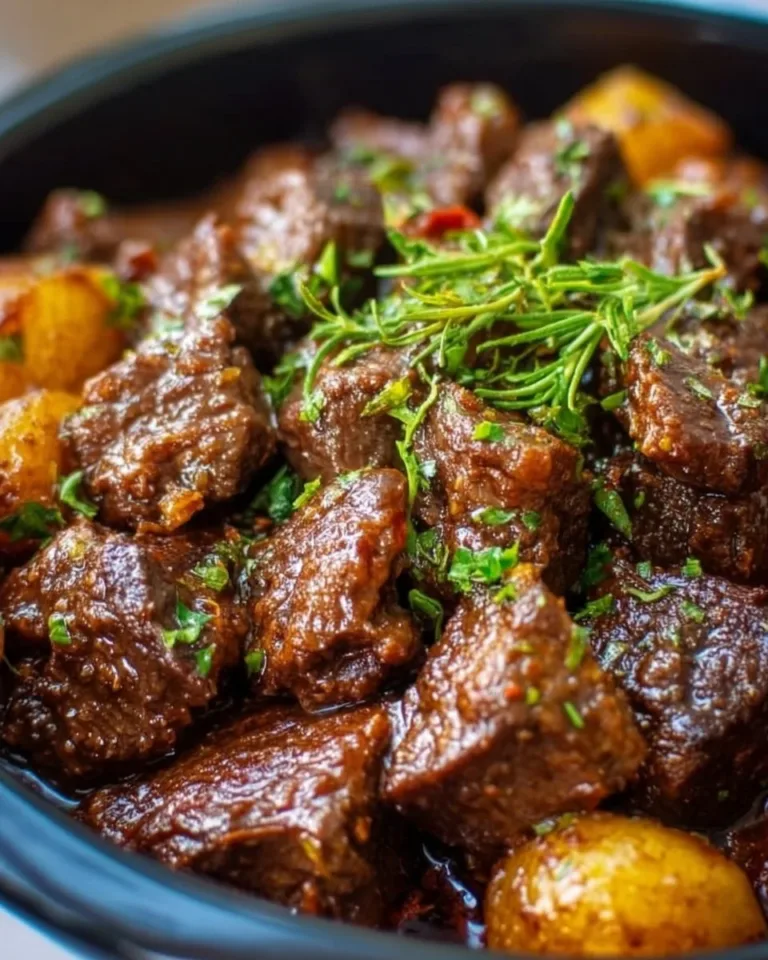 High Protein Slow Cooker Garlic Butter Beef Bites served in a bowl