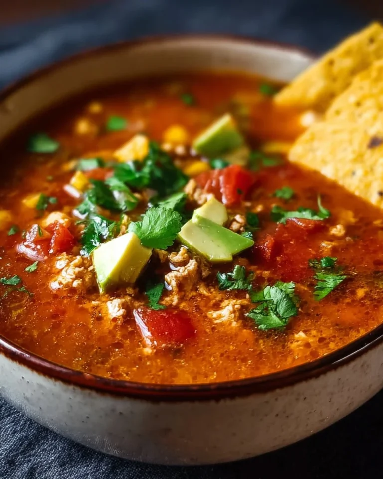 Bowl of homemade ground turkey tortilla soup garnished with tortilla strips