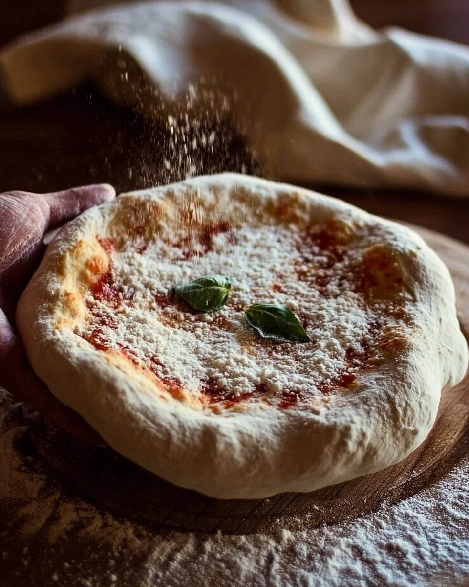 A freshly made homemade pizza dough ready for toppings and baking.