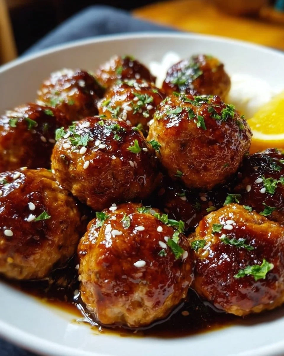 Delicious honey garlic turkey meatballs served with a drizzle of sauce.