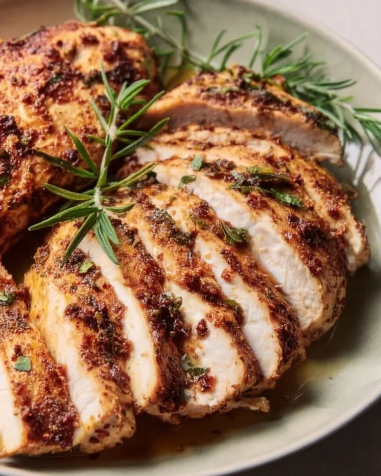 Plate of Ina Garten's cooked boneless skinless chicken breasts with herbs