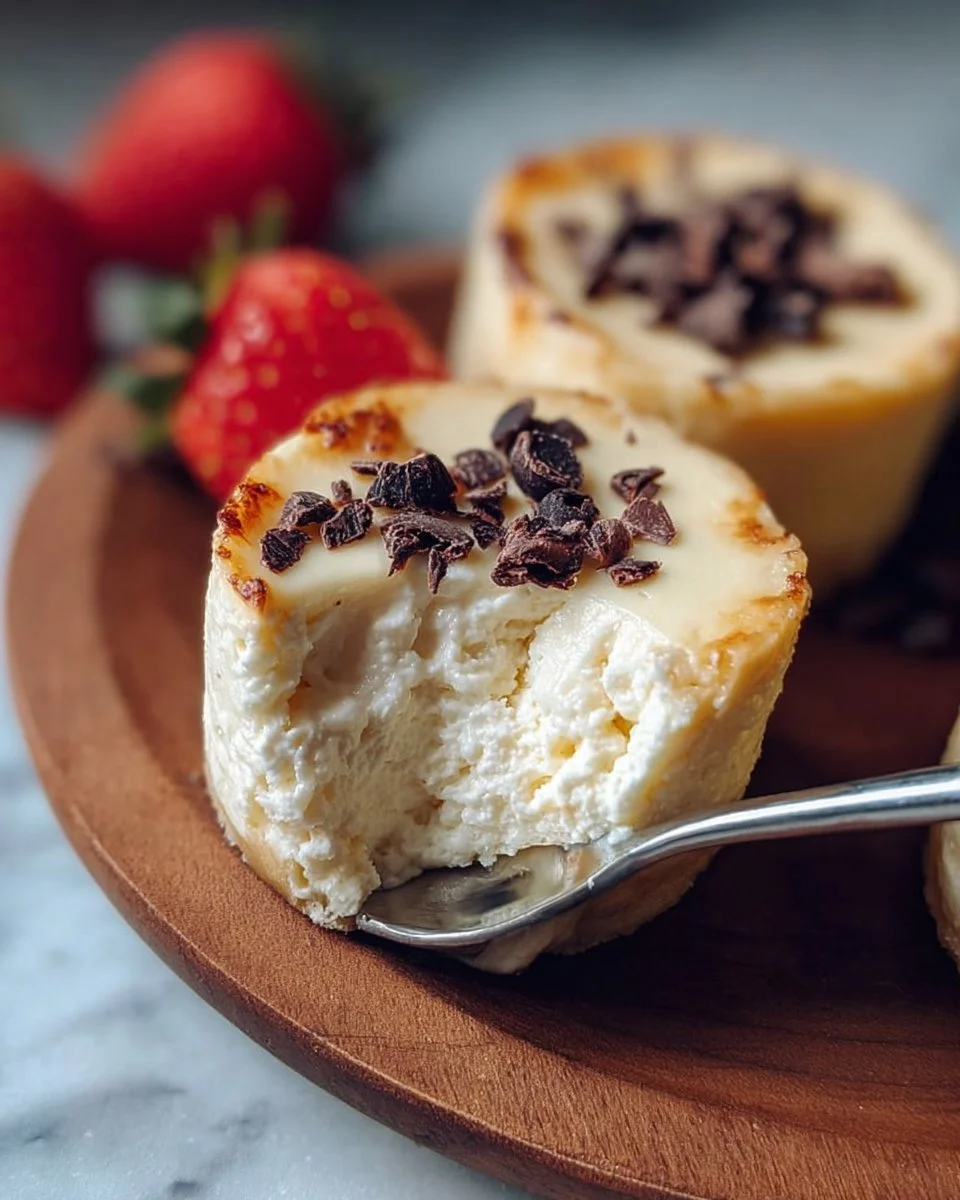 Individual cottage cheese cheesecakes on a white plate with fresh fruit garnish