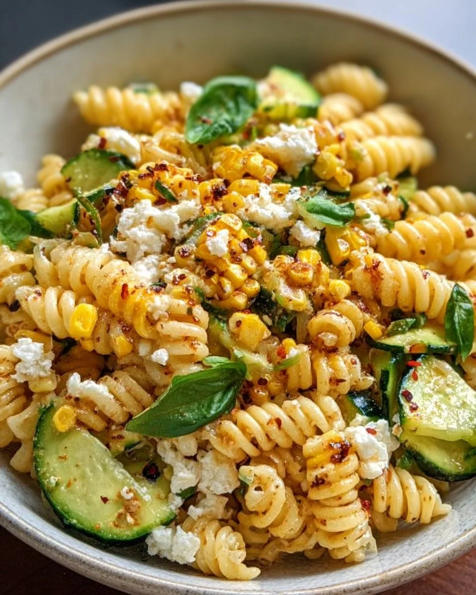 A colorful bowl of Juicy Street Corn Pasta Salad with fresh ingredients.
