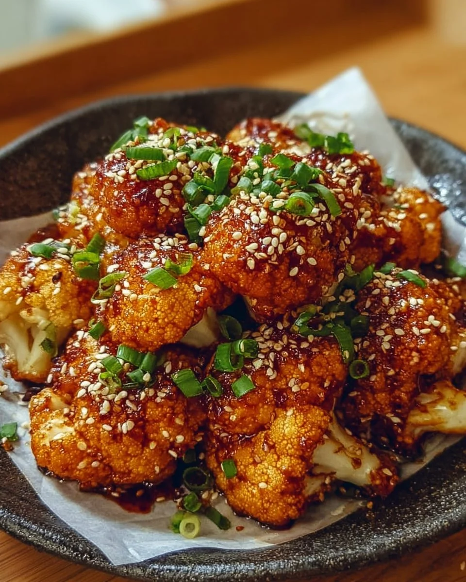 Delicious Korean Baked Cauliflower garnished with sesame seeds and green onions.