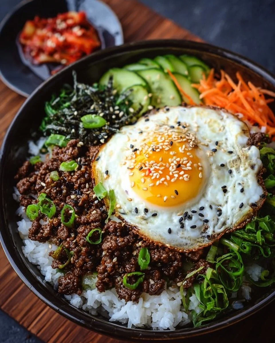 Korean Ground Beef Bowl topped with vegetables and rice in a bowl