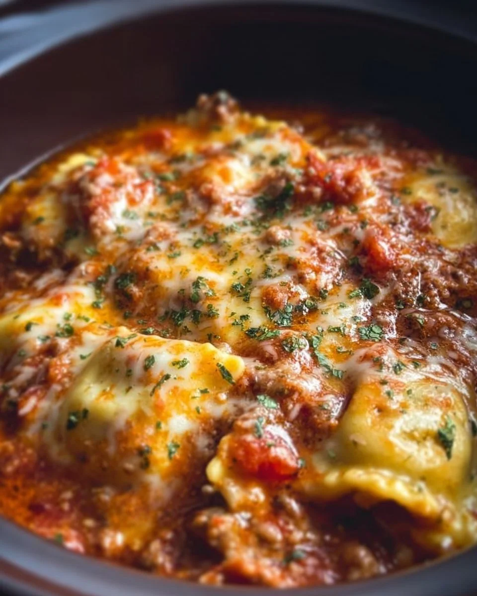 Lazy Crockpot Lasagna made with easy ravioli hack for quick weeknight meals