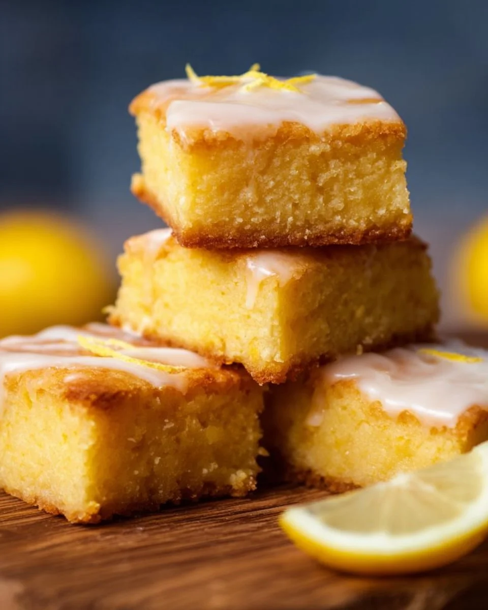 Delicious lemon brownies with a vibrant lemon glaze on a white plate
