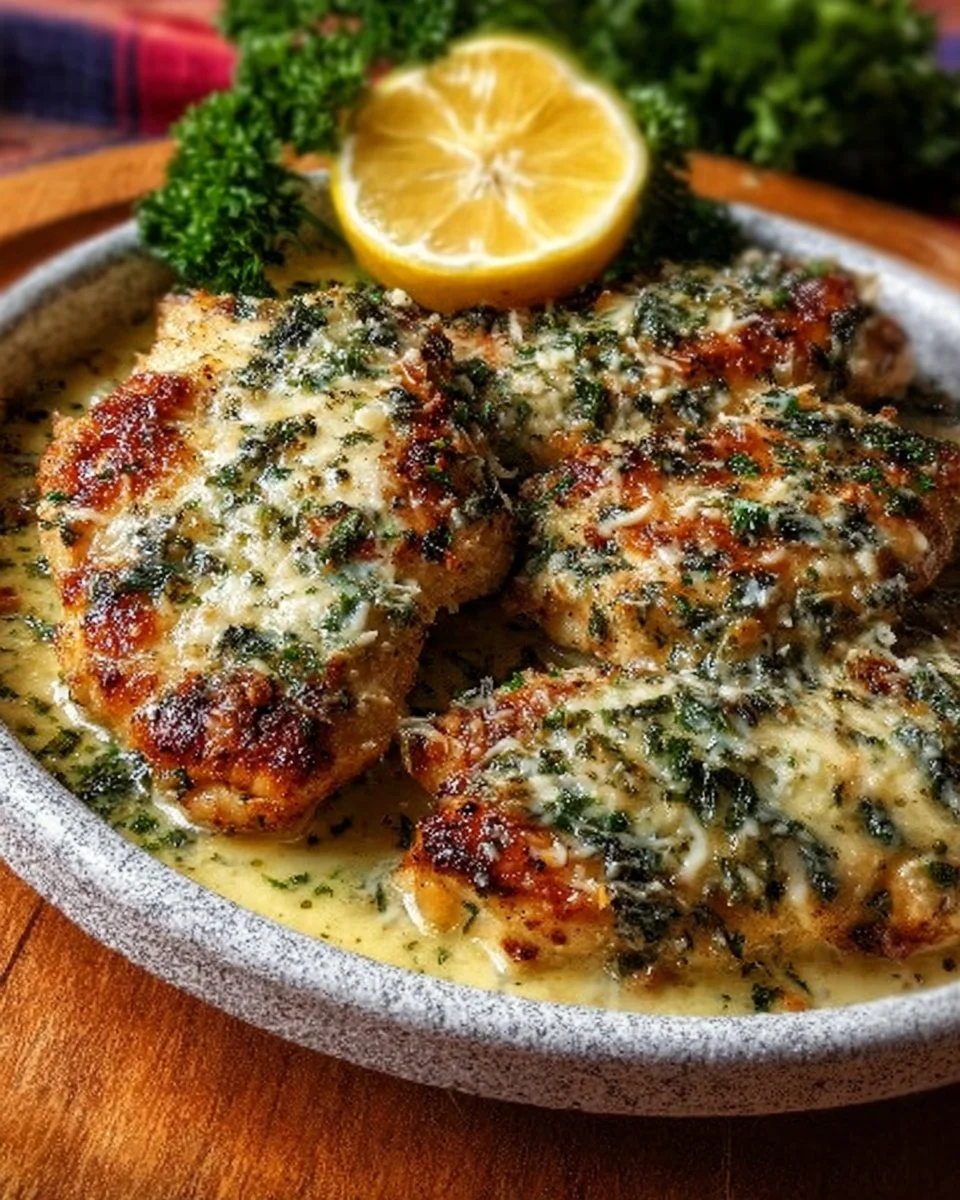 Lemon Chicken Romano dish with herbs and lemon garnish