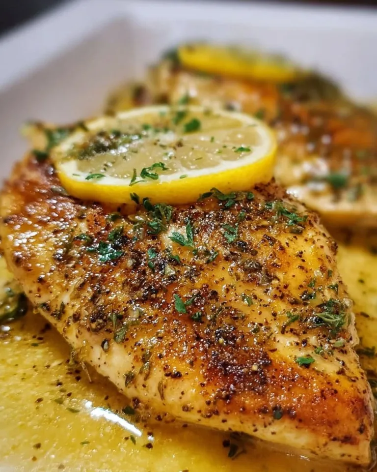 Juicy lemon pepper chicken breast garnished with herbs and lemon slices.