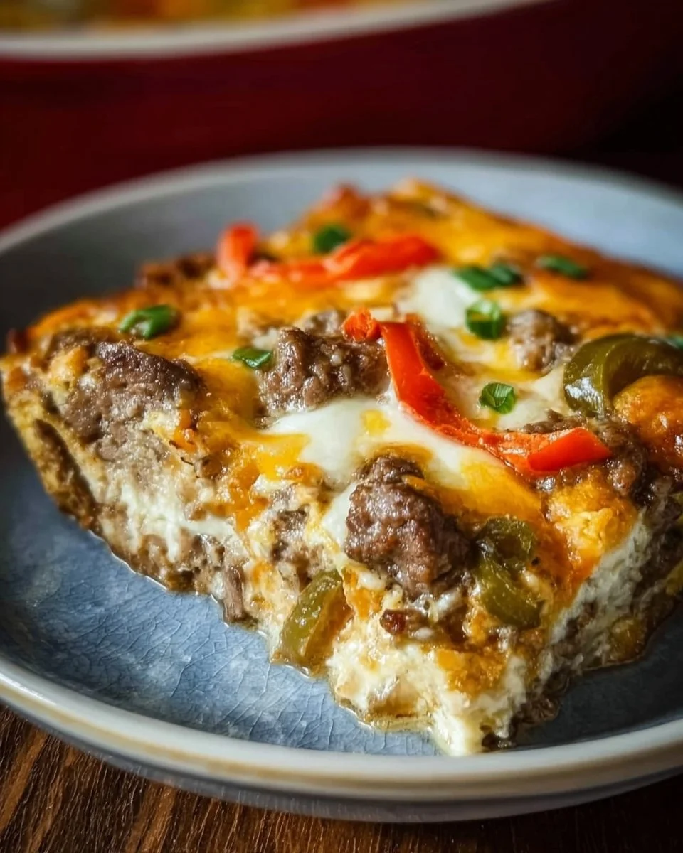 Low Carb Philly Cheesesteak Casserole with beef, peppers, and cheese