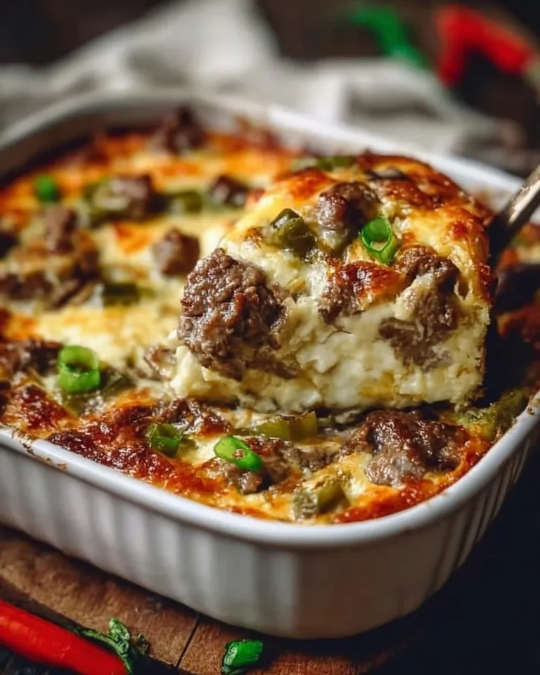 A delicious low carb Philly Cheesesteak Casserole served in a dish