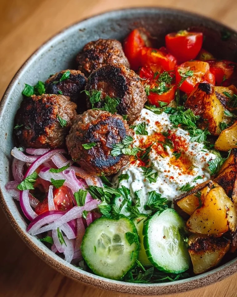 Mediterranean Beef Meatball Bowl with fresh vegetables and herbs