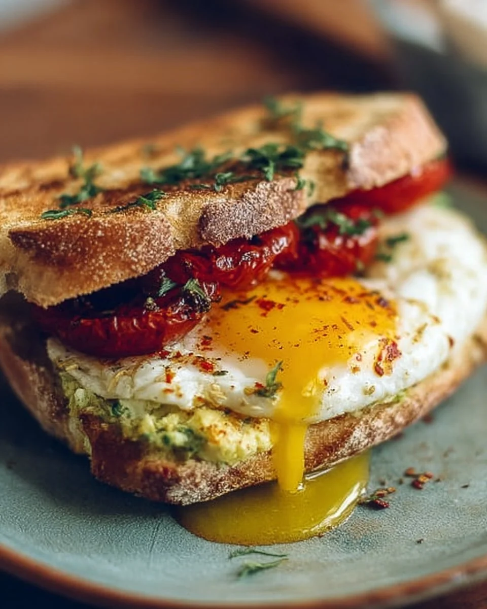 Mediterranean breakfast sandwich with fresh vegetables and herbs
