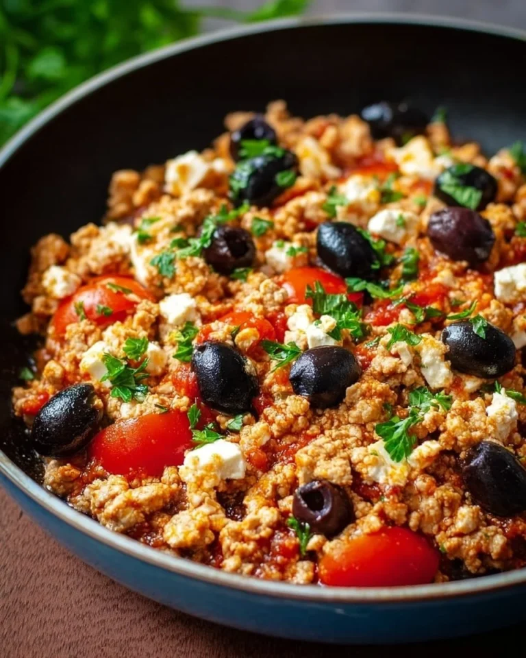 Mediterranean Keto Skillet with ground chicken, olives, and feta cheese