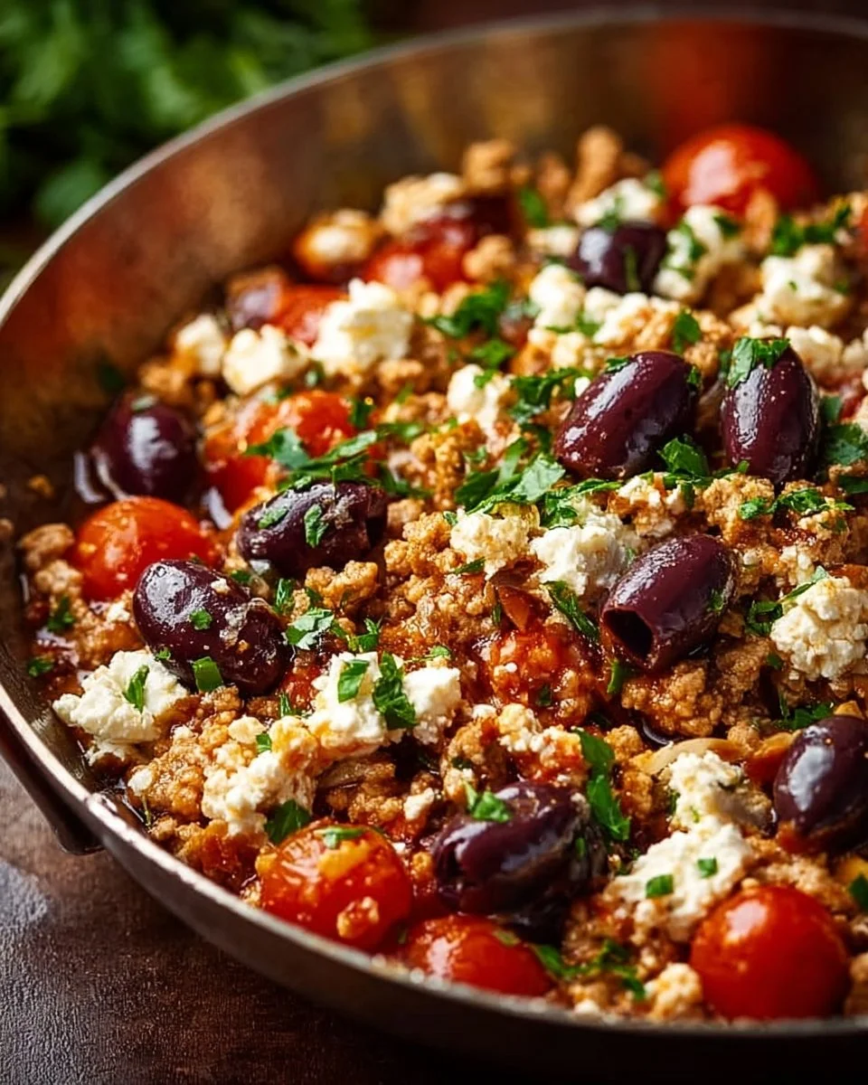 Mediterranean Keto Ground Chicken Skillet with Olives and Feta