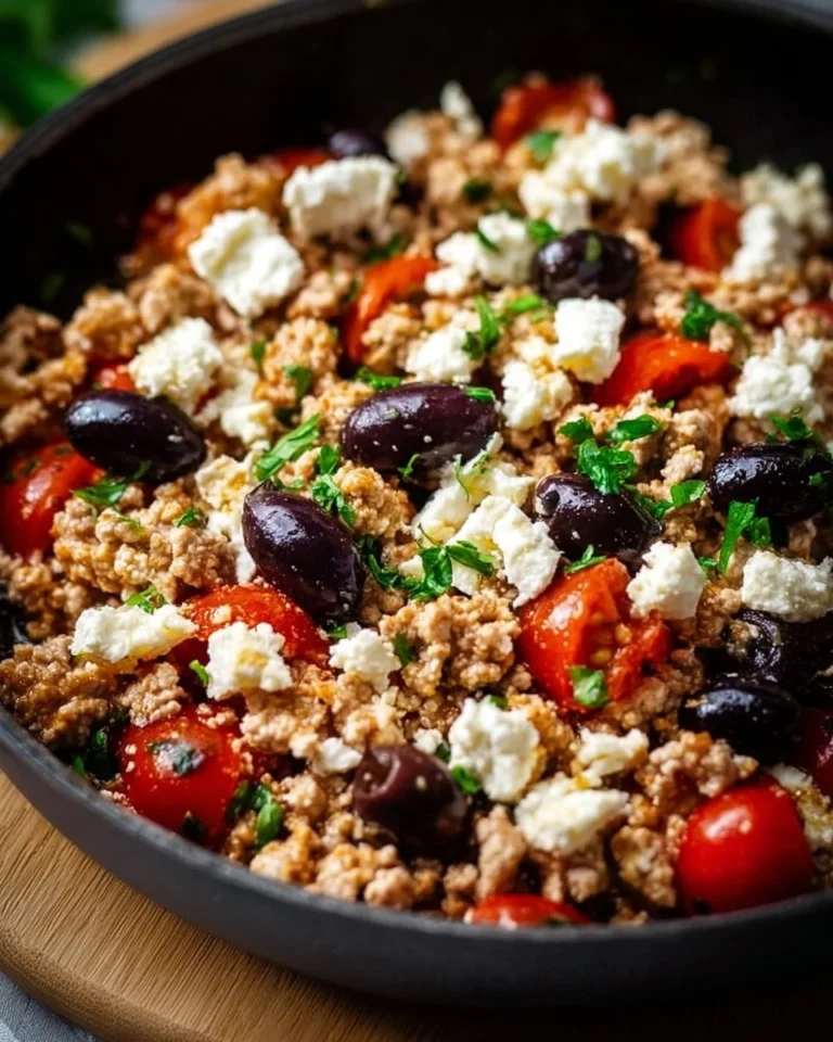 Mediterranean Keto skillet dish featuring ground chicken, olives, and feta cheese.