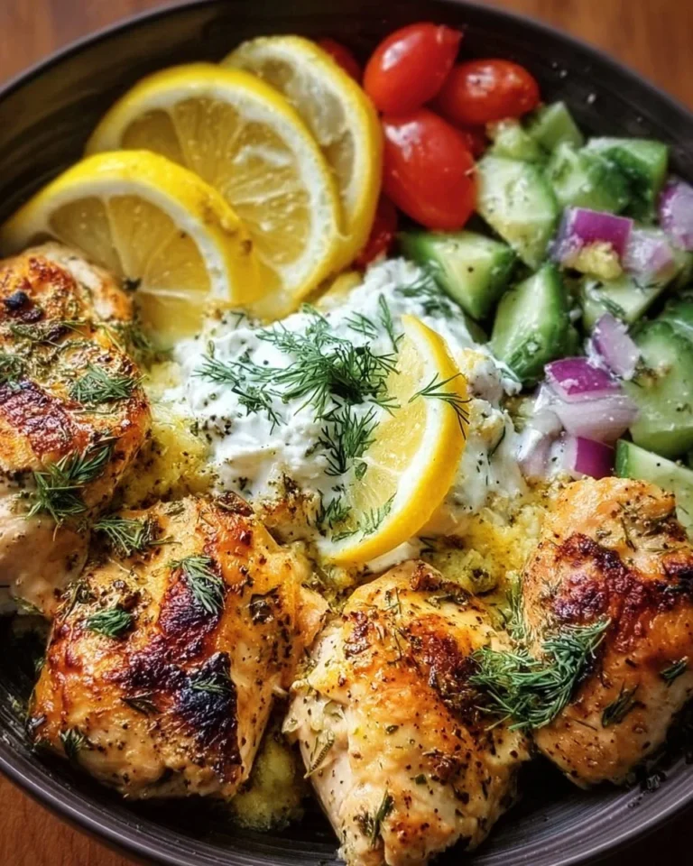 Mediterranean Lemon-Dill Chicken Bowl with fresh vegetables and herbs