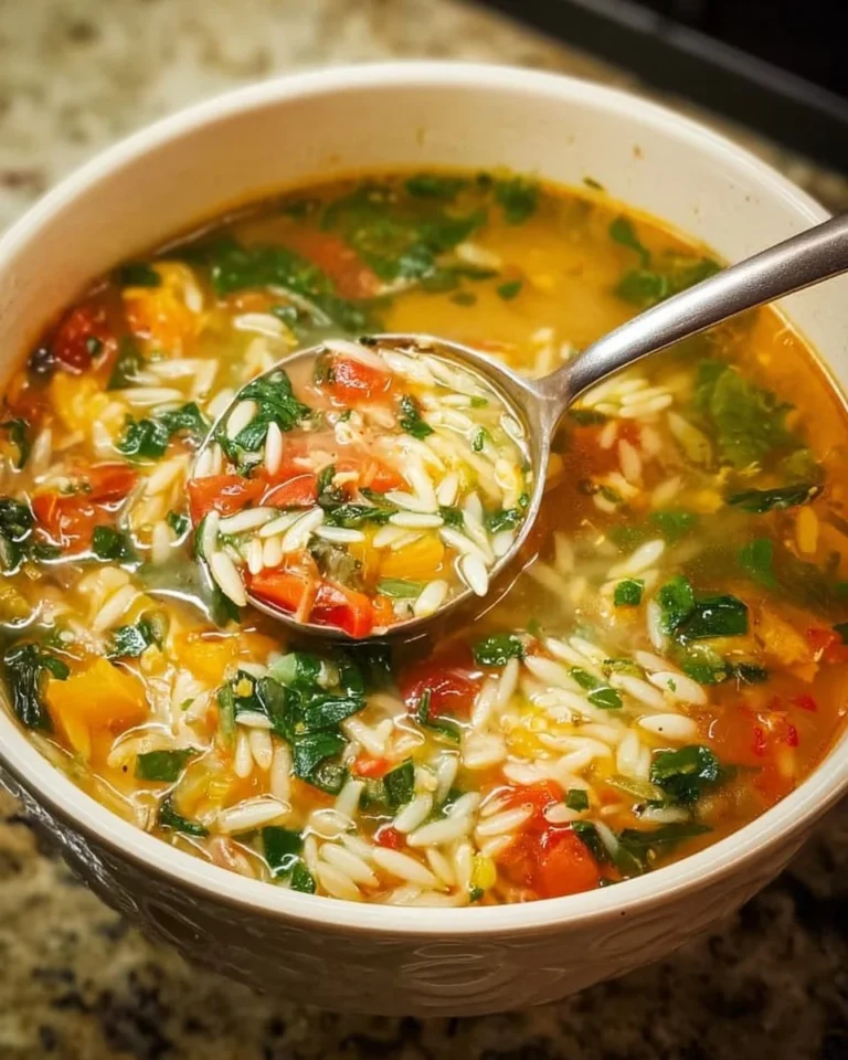 Bowl of Mediterranean Orzo Soup with fresh ingredients and herbs