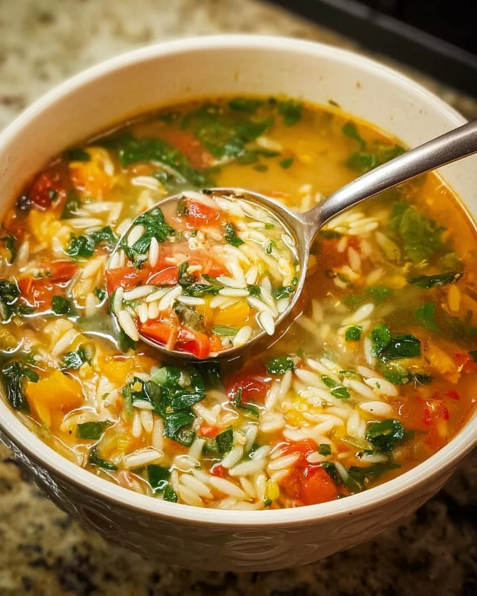 Bowl of Mediterranean Orzo Soup with fresh ingredients and herbs