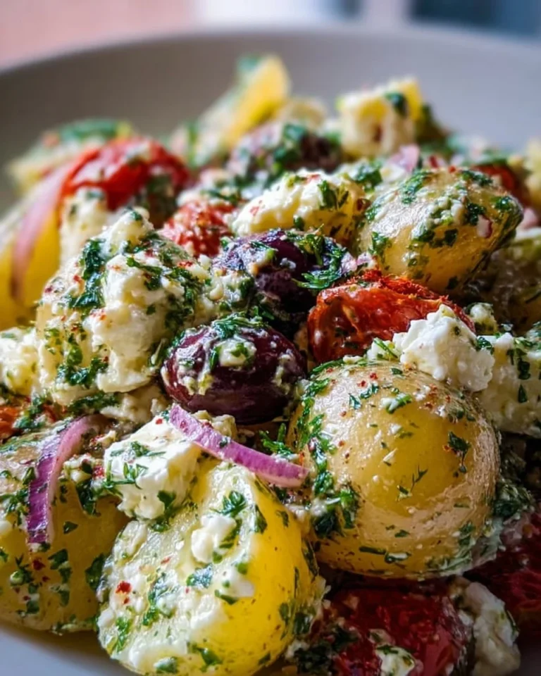 Mediterranean potato salad with olives, tomatoes, and herbs