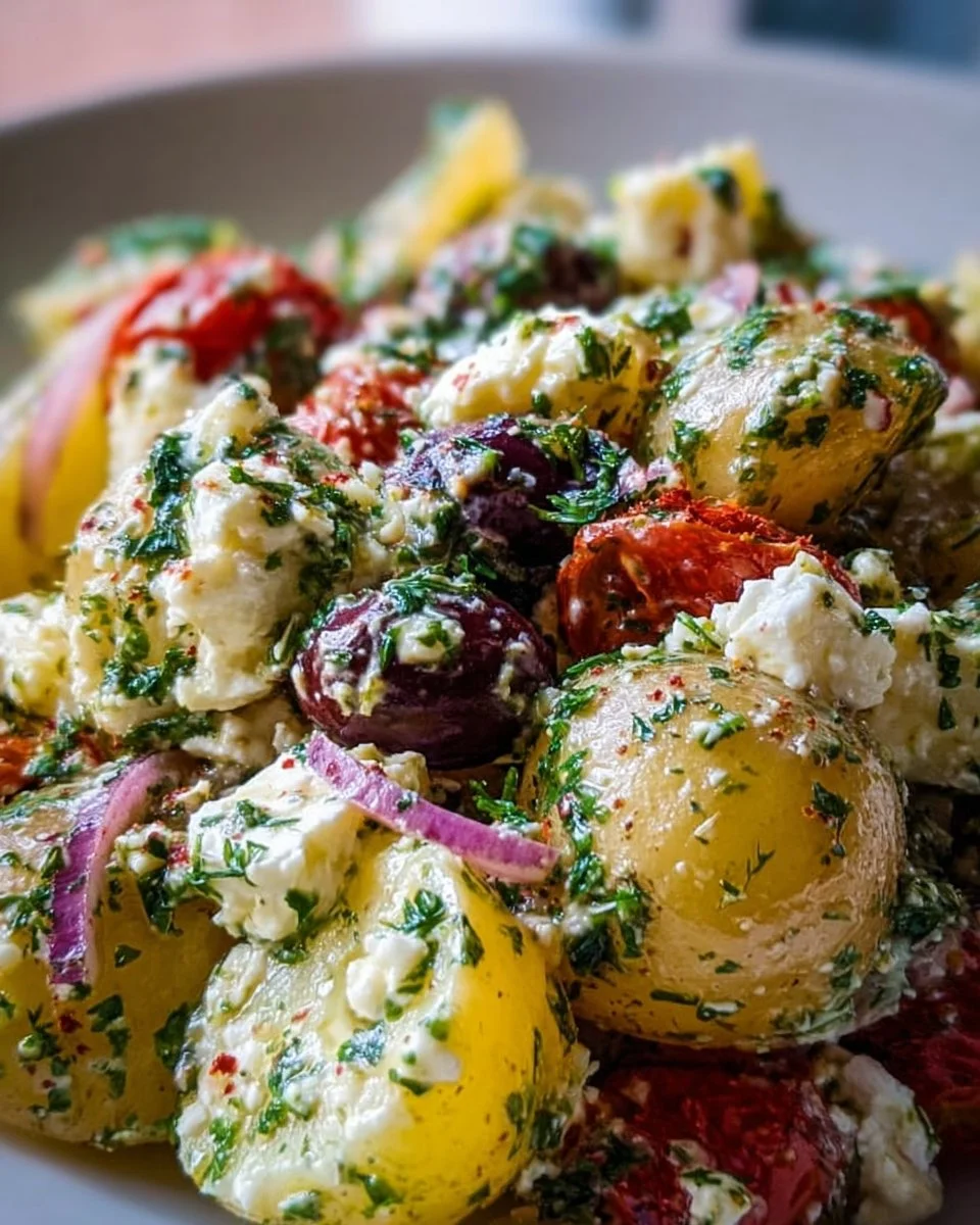 Mediterranean potato salad with olives, tomatoes, and herbs
