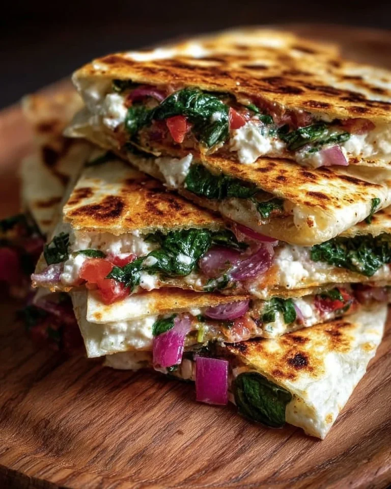 Mediterranean Quesadillas with spinach, feta, mozzarella, and red onion on a plate