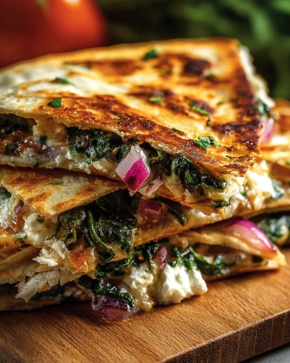 Mediterranean Quesadillas with Spinach, Feta, Mozzarella, and Red Onion