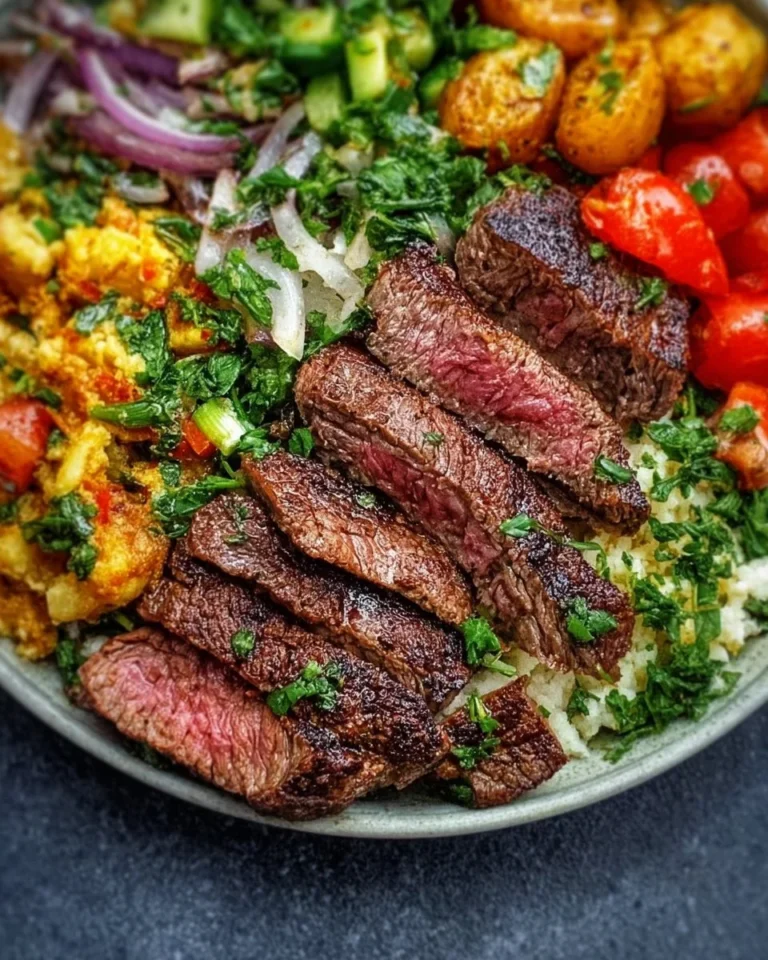 Mediterranean steak bowl topped with fresh vegetables and herbs